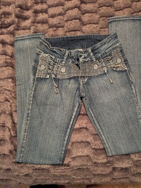 Blue Embellished Bootcut Jeans with Decorative Lace-Up Waist